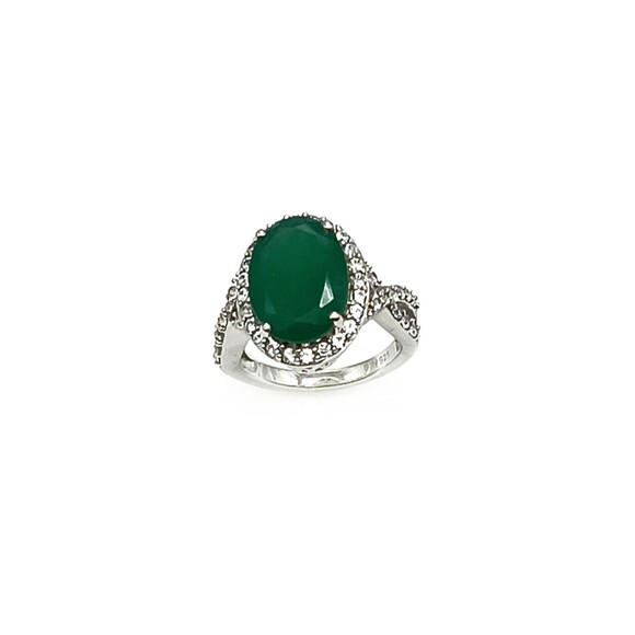 Large Oval Green Onyx & White Zircon Sterling Silver Ring, Size 6 - Picture 4 of 4